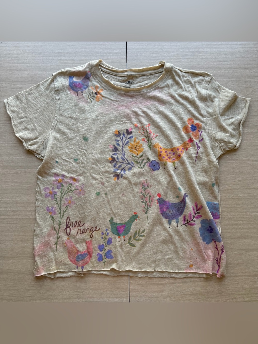 NATURAL LIFE Women’s Tan T-Shirt with Colorful Floral & Chicken Prints XS